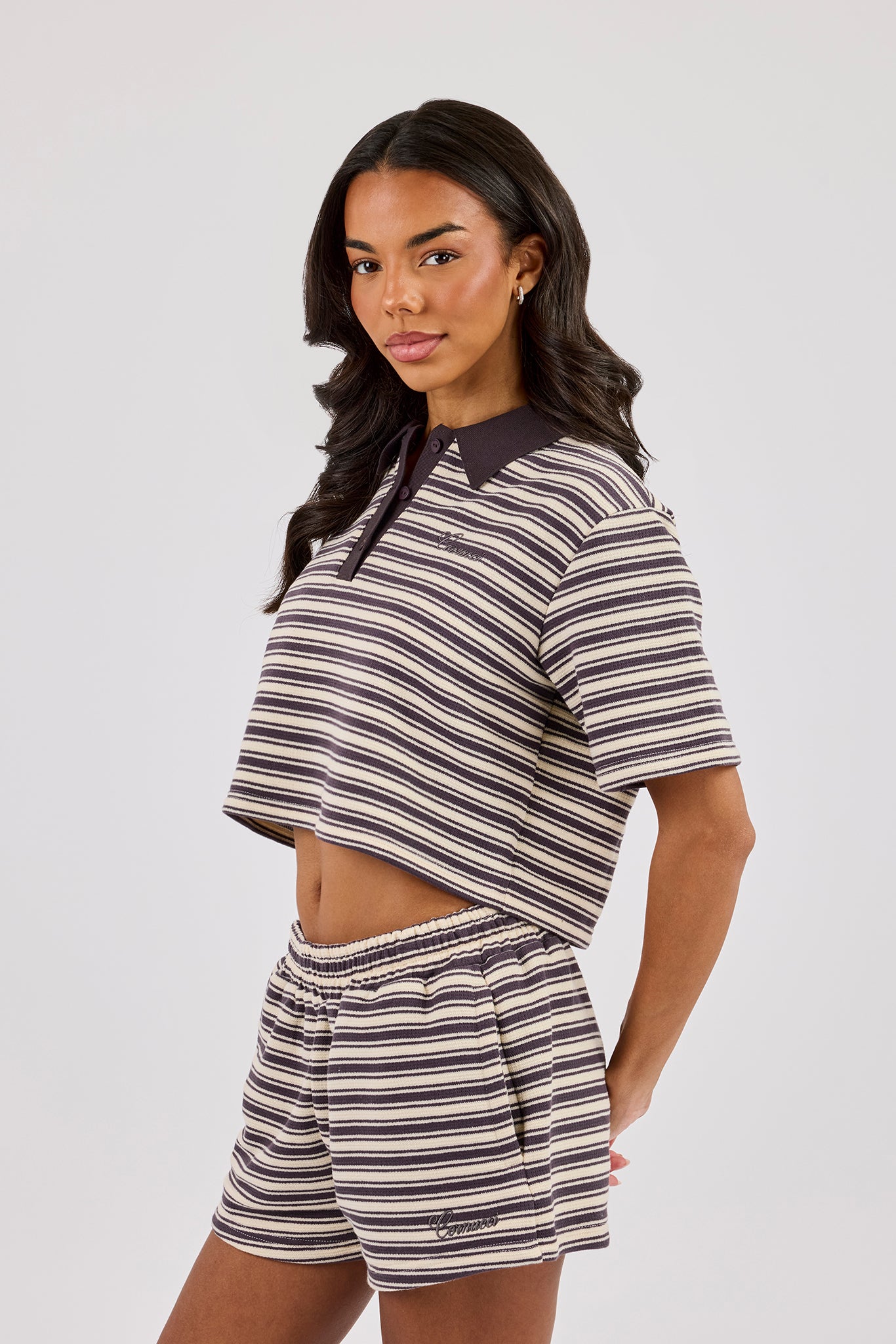 Textured Stripe Short Sleeve Polo & Short - Brown