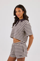 Textured Stripe Short Sleeve Polo & Short - Brown