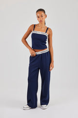 Contrast Waist Wide Leg Trouser - Navy Blue