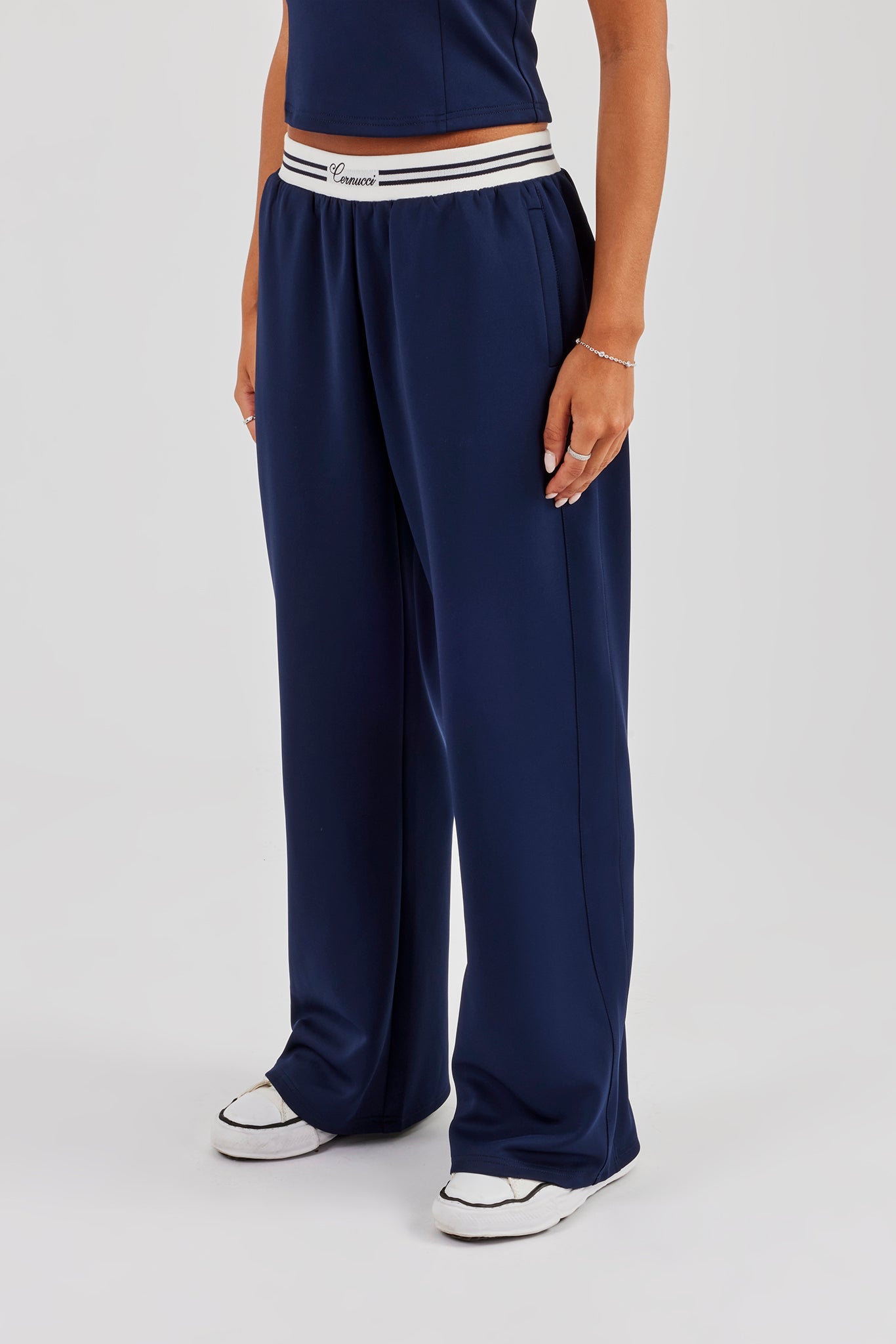 Contrast Waist Wide Leg Trouser - Navy Blue