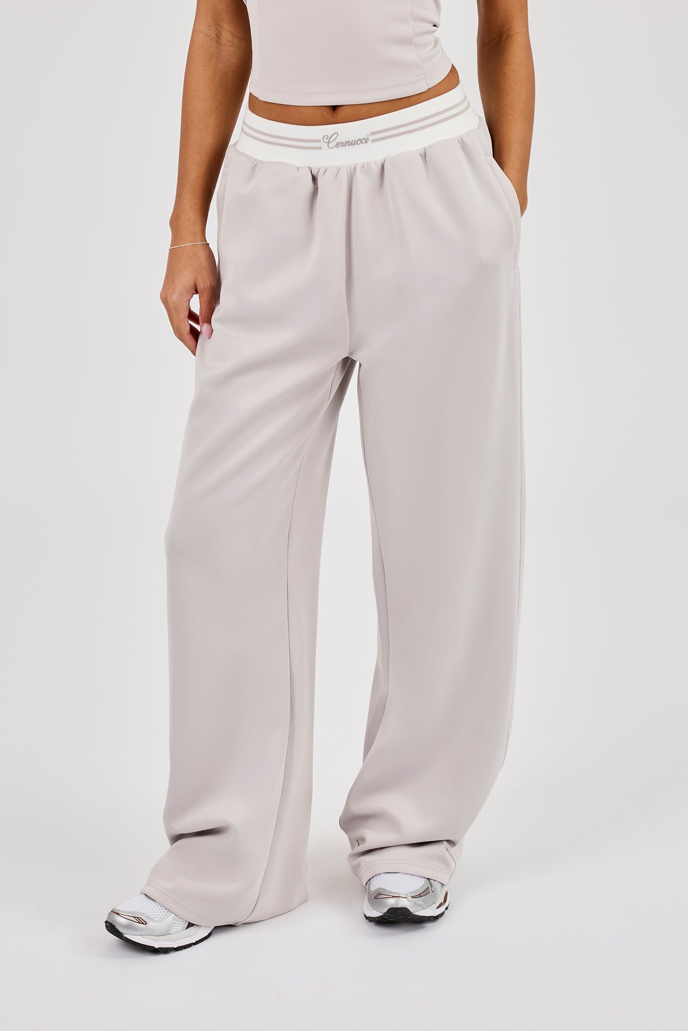 Contrast Waist Wide Leg Trouser - Grey