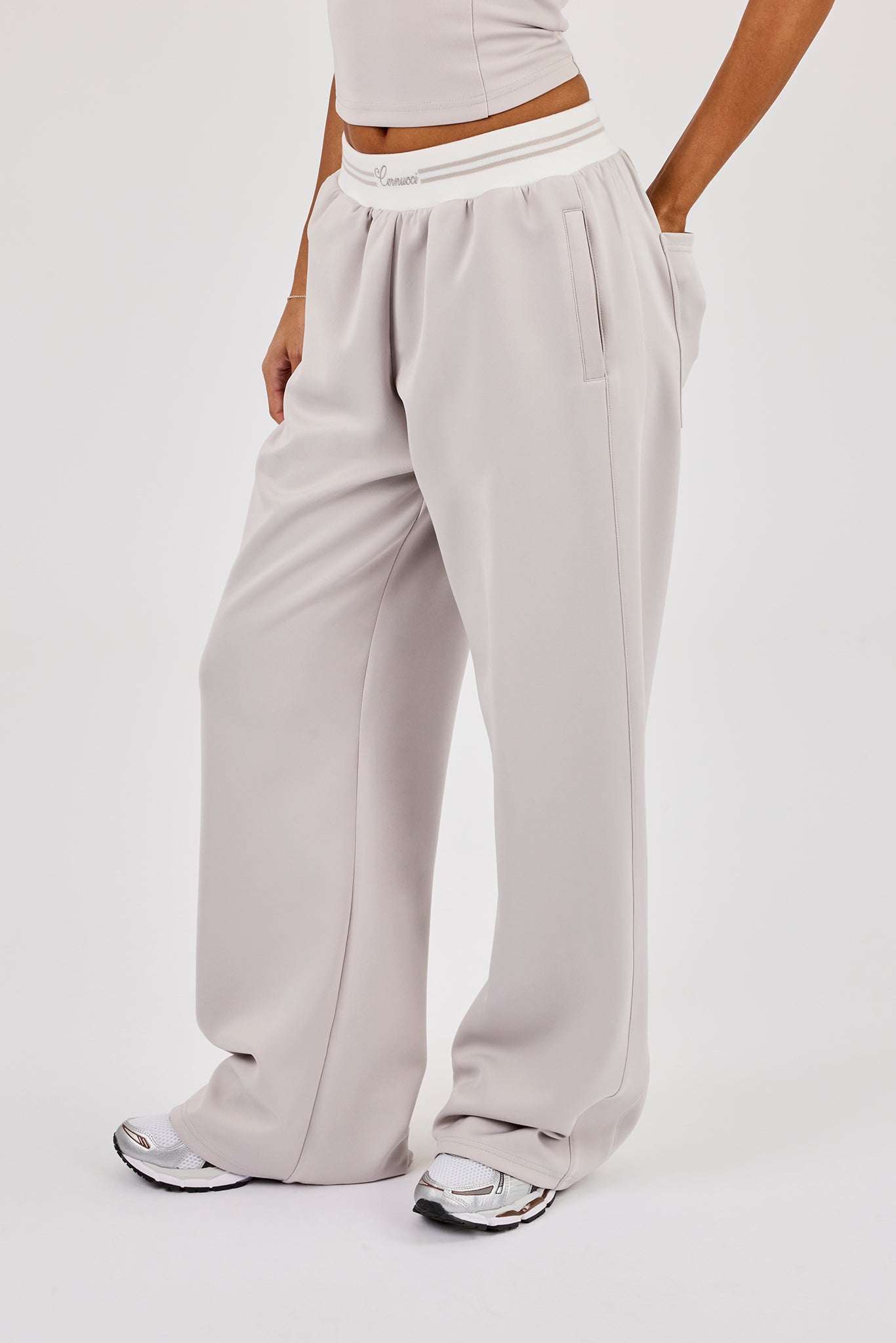 Contrast Waist Wide Leg Trouser - Grey