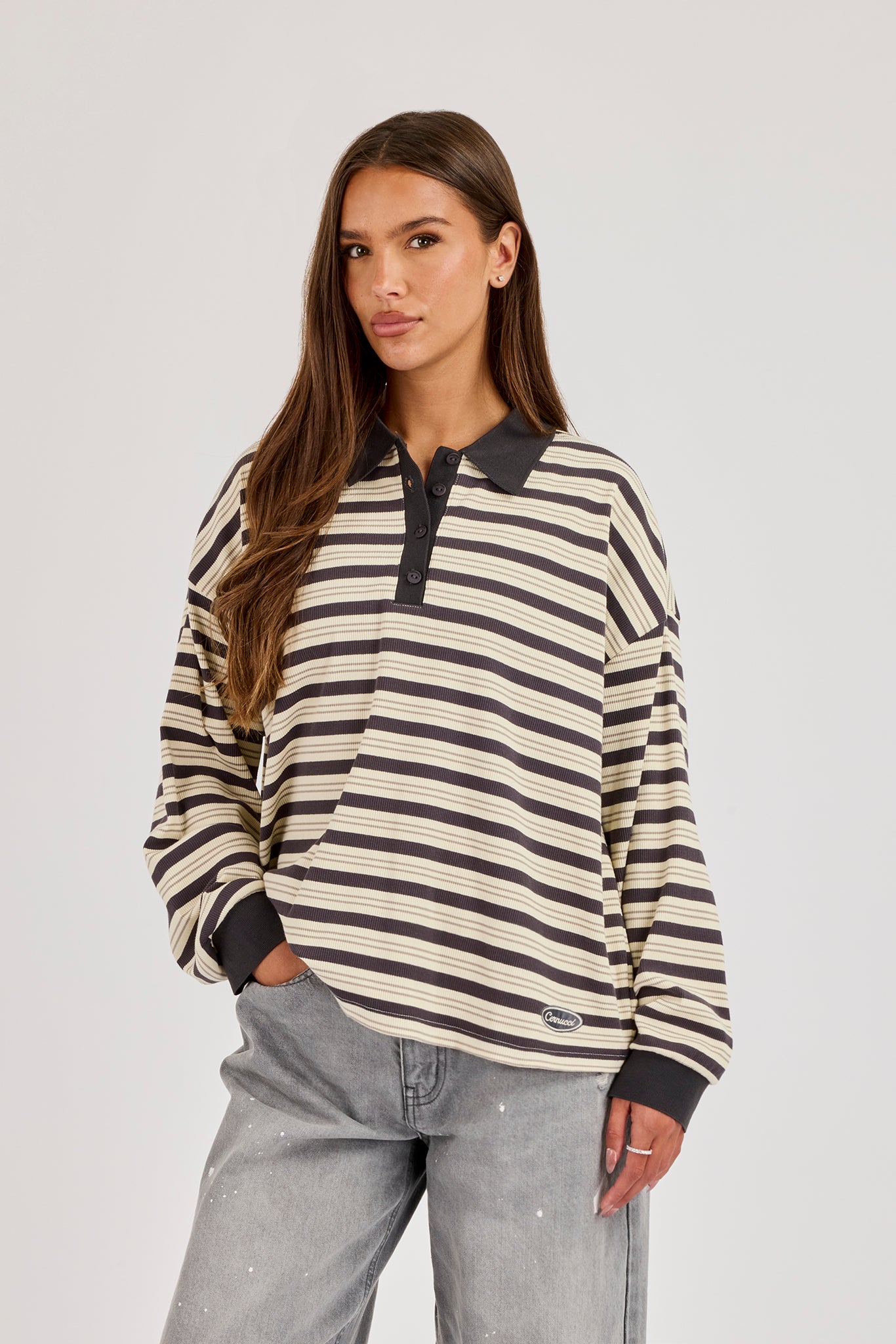 Oversized Textured Stripe Polo Top - Grey