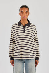 Oversized Textured Stripe Polo Top - Grey