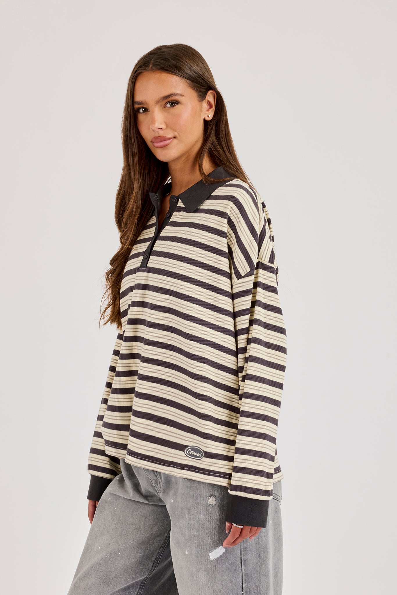 Oversized Textured Stripe Polo Top - Grey
