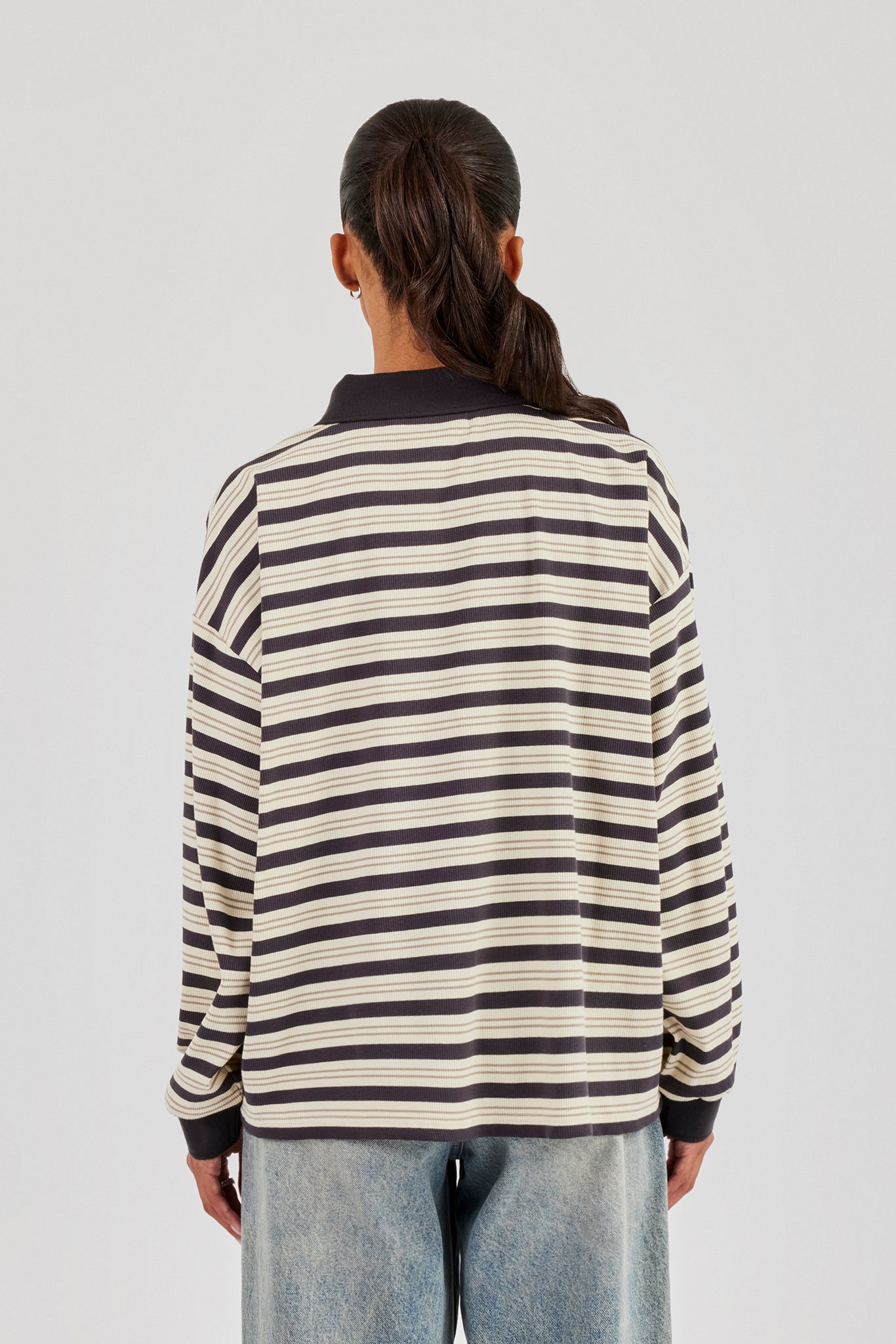 Oversized Textured Stripe Polo Top - Grey