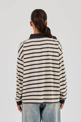 Oversized Textured Stripe Polo Top - Grey