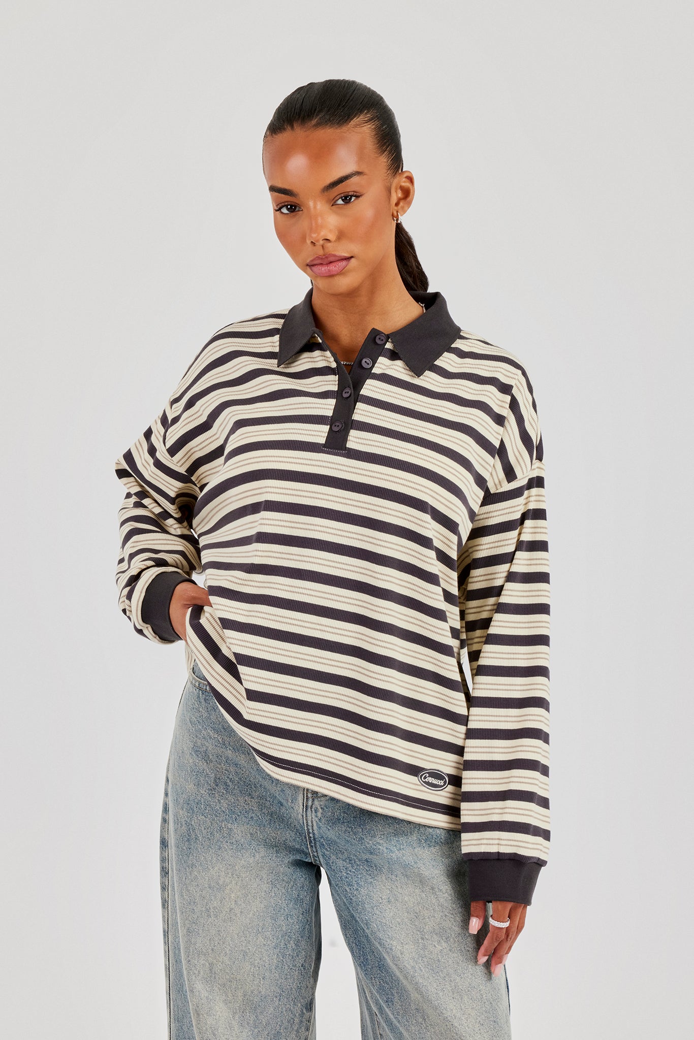 Oversized Textured Stripe Polo Top - Grey