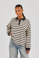 Oversized Textured Stripe Polo Top - Grey