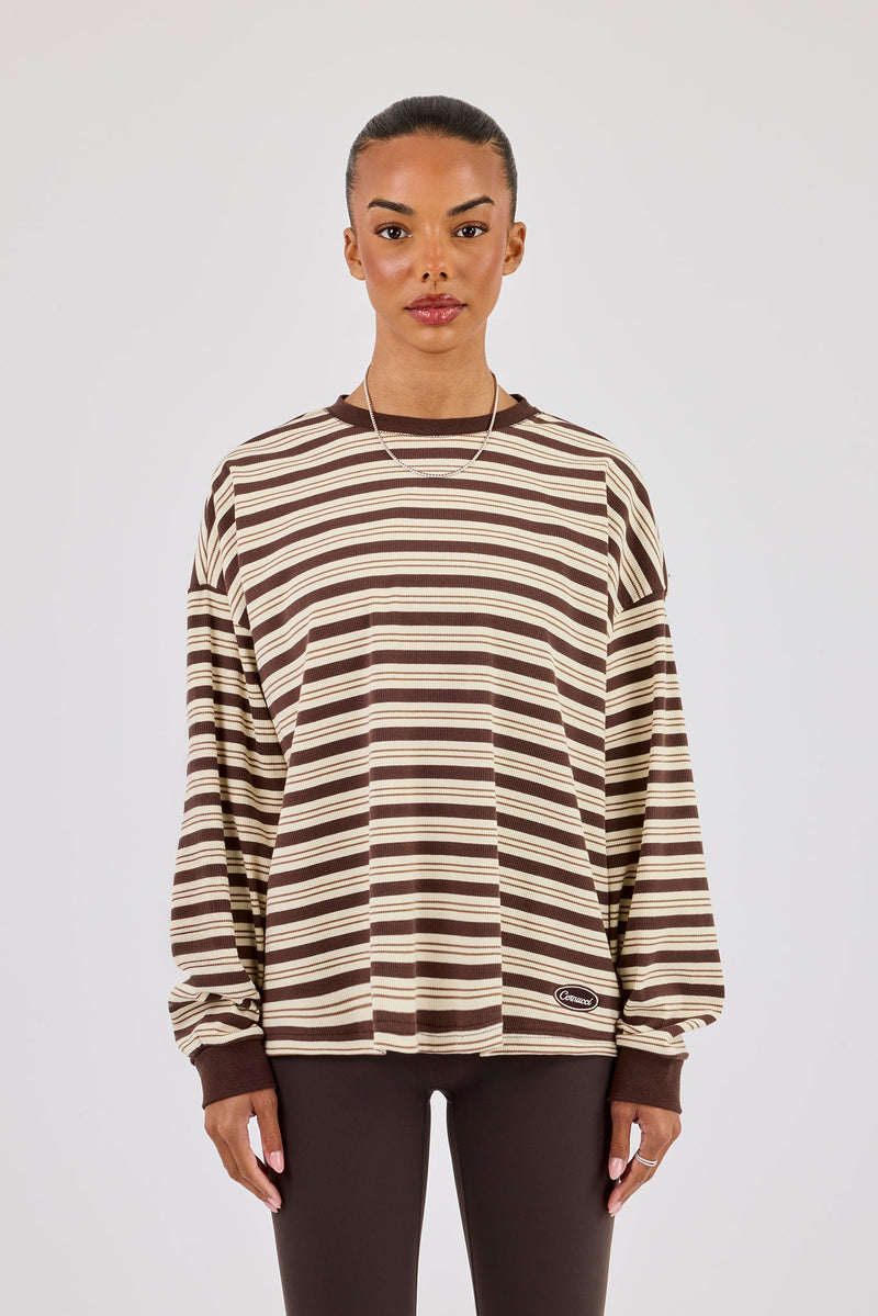 Oversized Stripe Long Sleeve Top - Brown