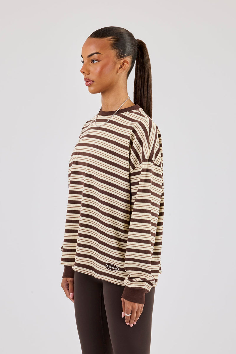 Oversized Stripe Long Sleeve Top - Brown