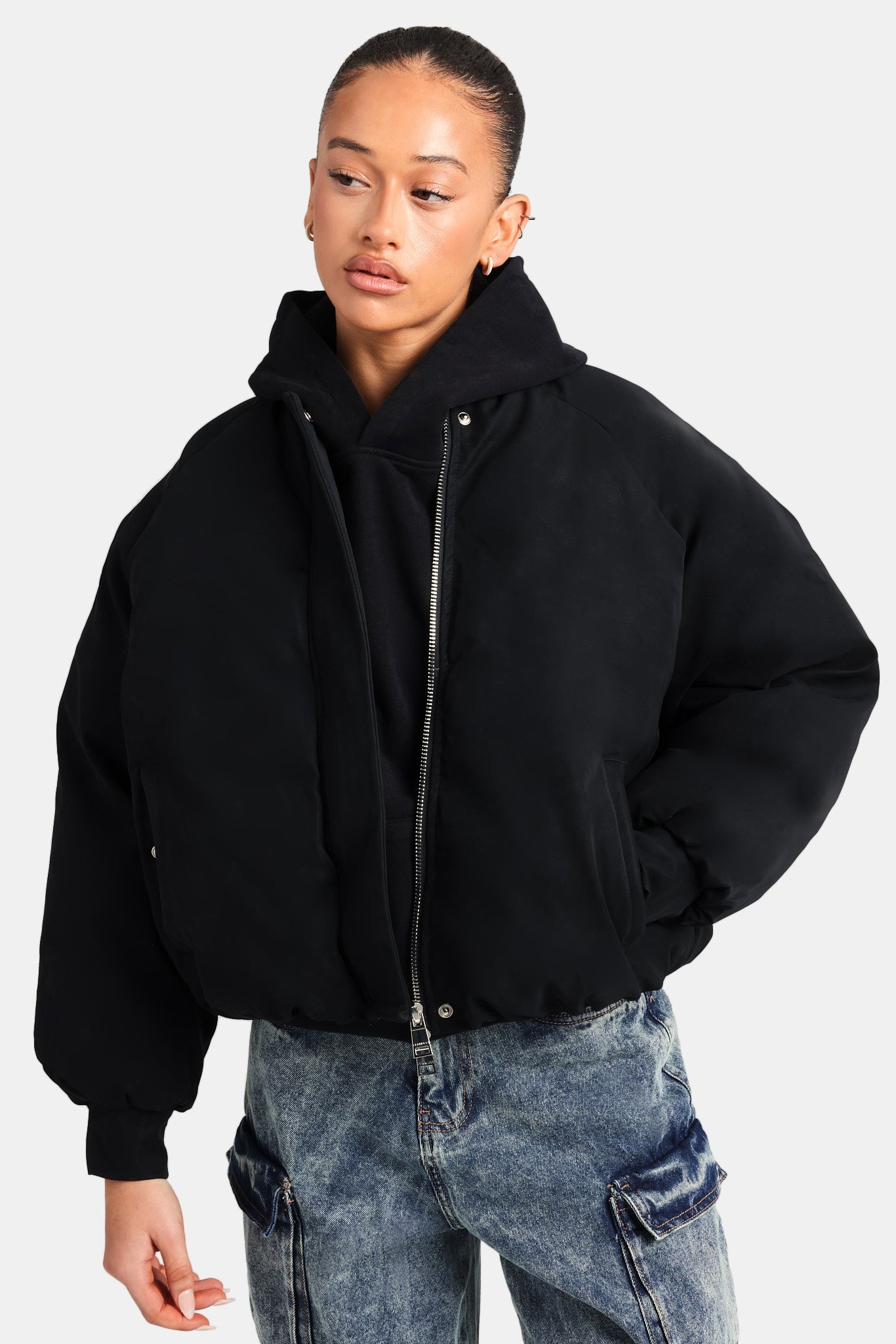 Cernucci Cropped PU Puffer Bomber Jacket - Black | Womens