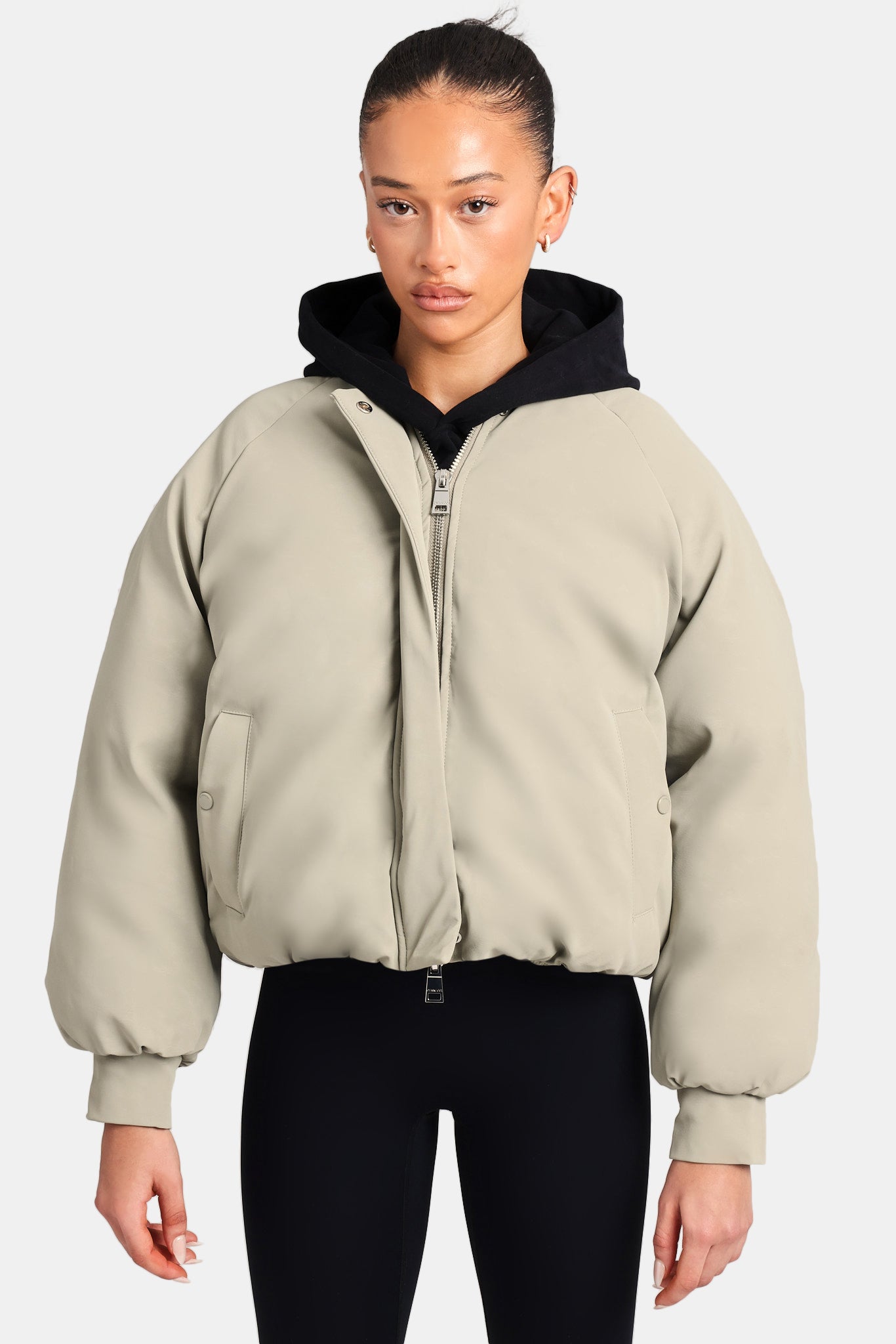 Cernucci Cropped PU Puffer Bomber Jacket - Sage | Womens Outerwear Cernucci Cropped PU Puffer Bomber Jacket - Sage | Womens Outerwear