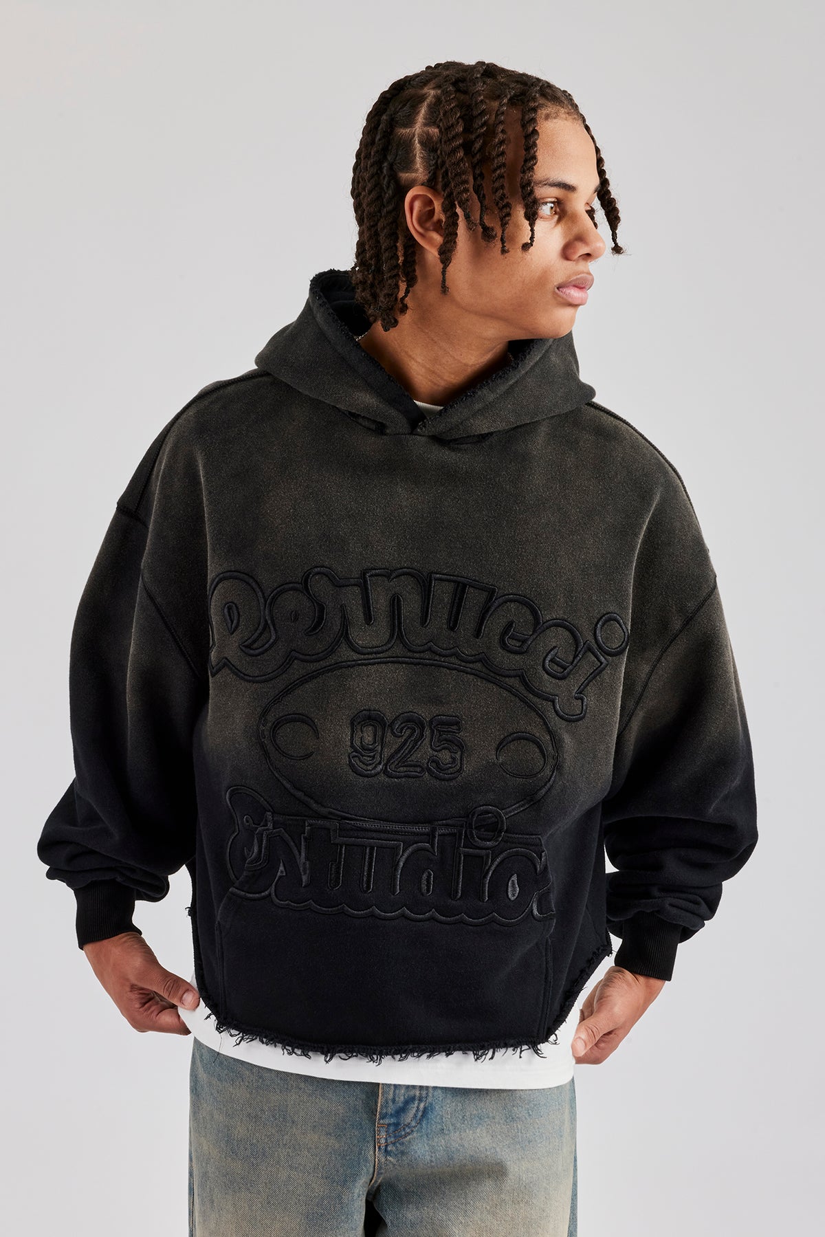 Washed Embroidered Boxy Hoodie - Black | Mens Hoodies & Sweats 