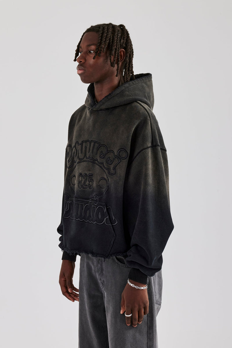 Washed Embroidered Boxy Hoodie - Black