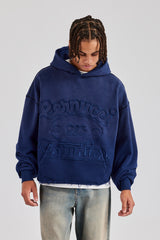 Washed Embroidered Boxy Hoodie - Navy Blue