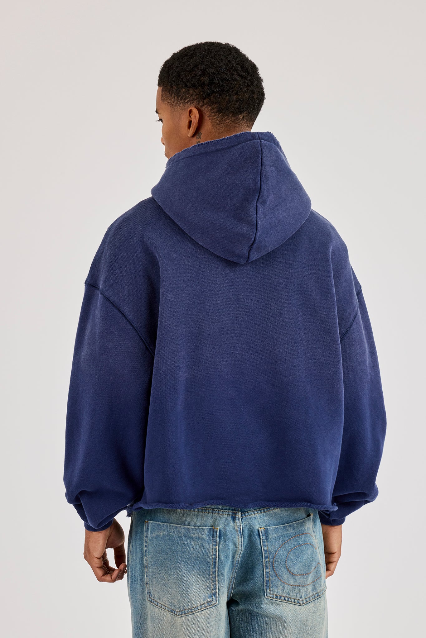 Washed Embroidered Boxy Hoodie - Navy Blue
