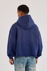 Washed Embroidered Boxy Hoodie - Navy Blue