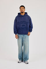 Washed Embroidered Boxy Hoodie - Navy Blue