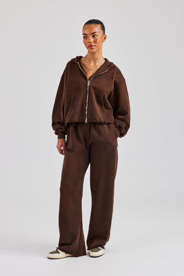 Raw Edge Boxy Fit Zip Through Tracksuit - Chocolate