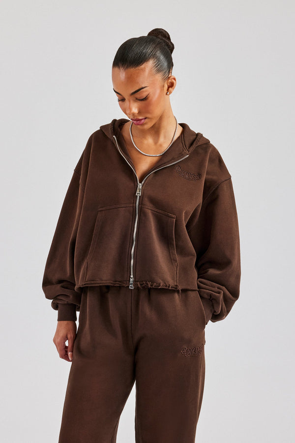 Raw Edge Boxy Fit Zip Through Hoodie - Chocolate