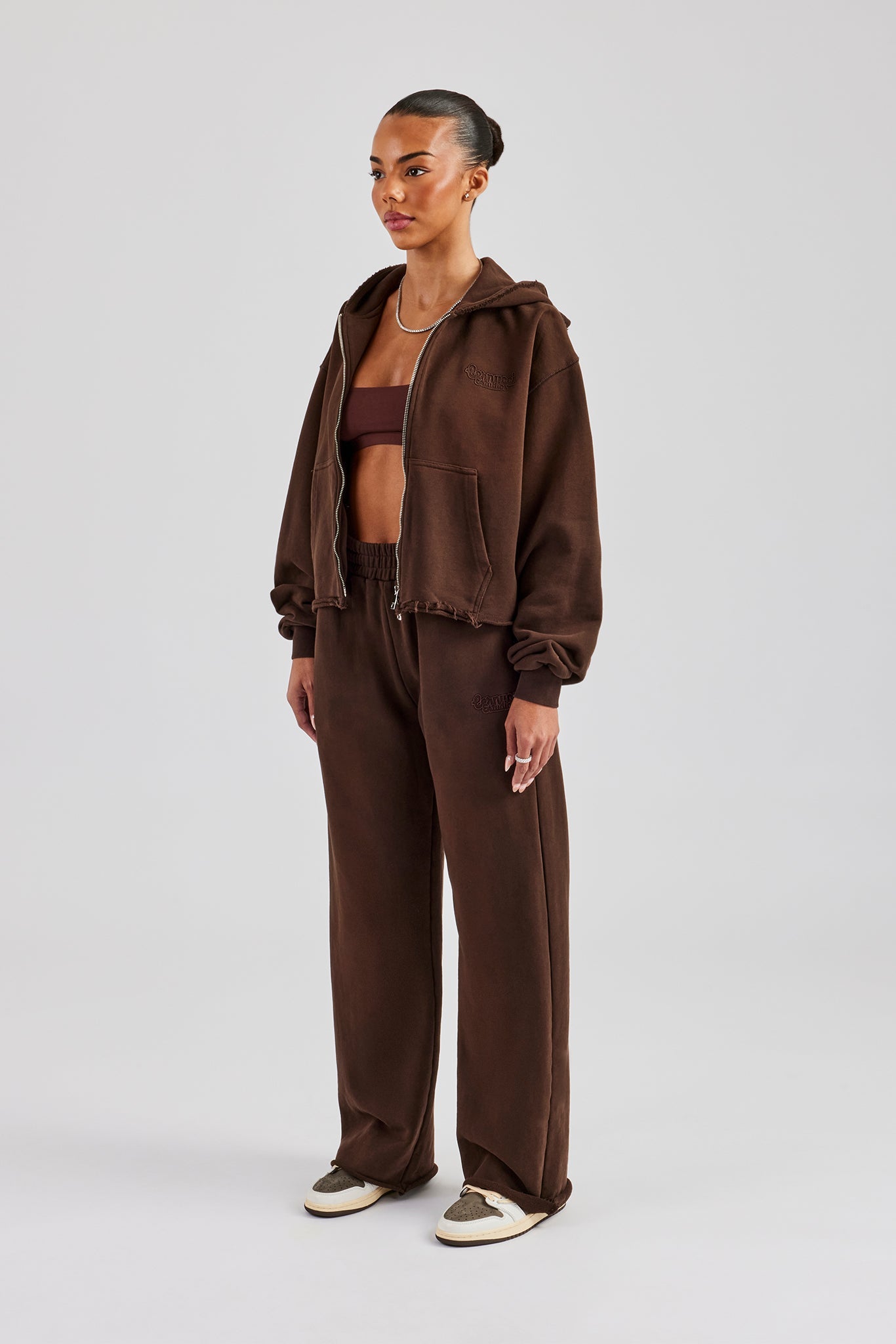 Raw Edge Boxy Fit Zip Through Tracksuit - Chocolate