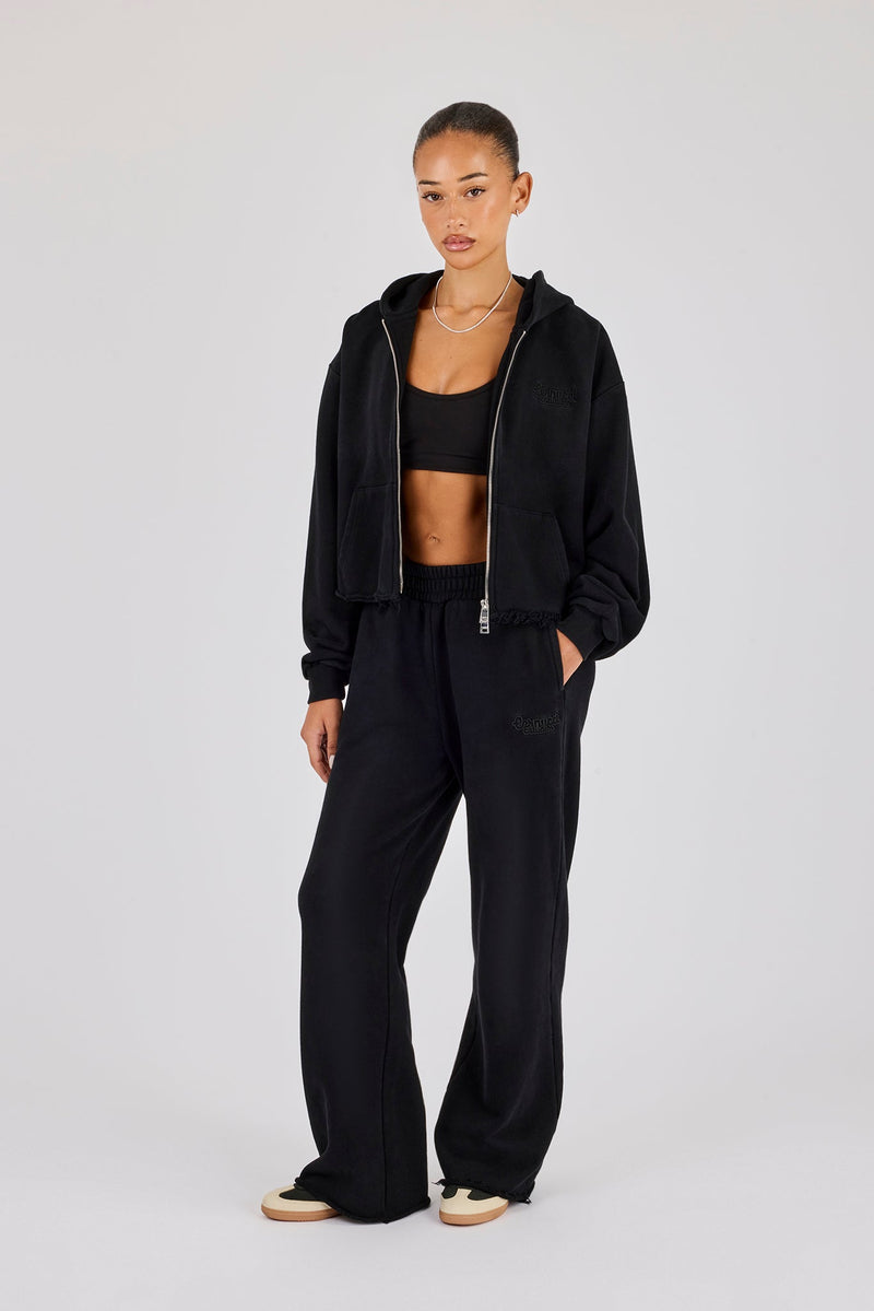 Womens Washed Boxy Fit Zip Through Hoodie & Wide Leg Jogger  - Black