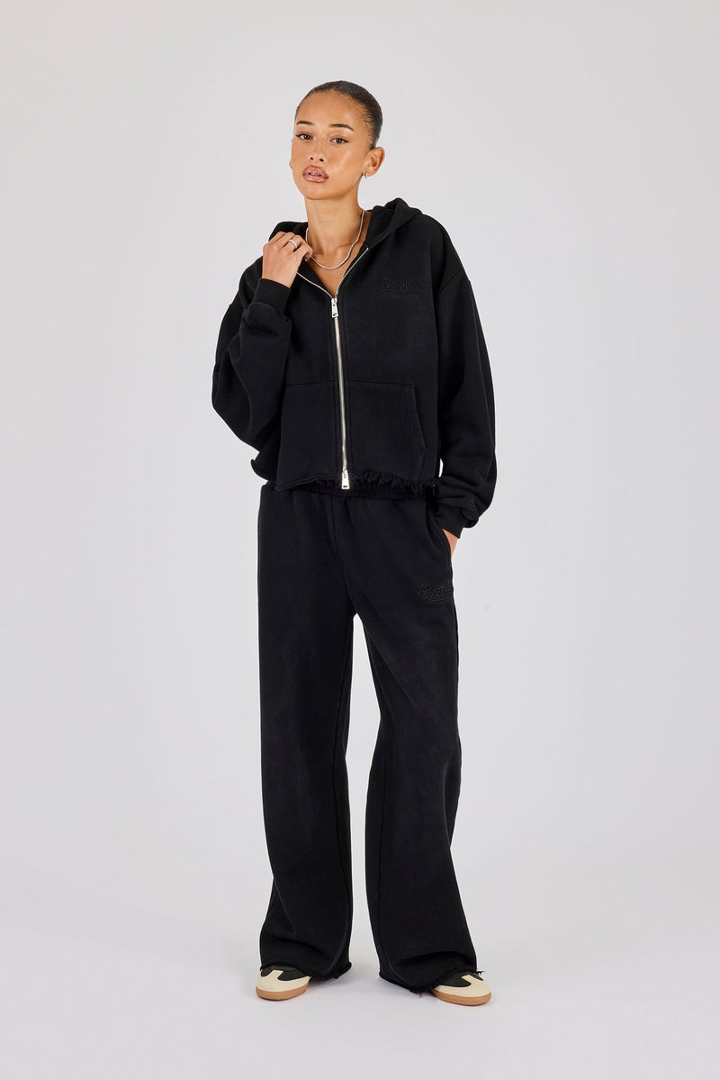 Womens Washed Boxy Fit Zip Through Hoodie & Wide Leg Jogger  - Black