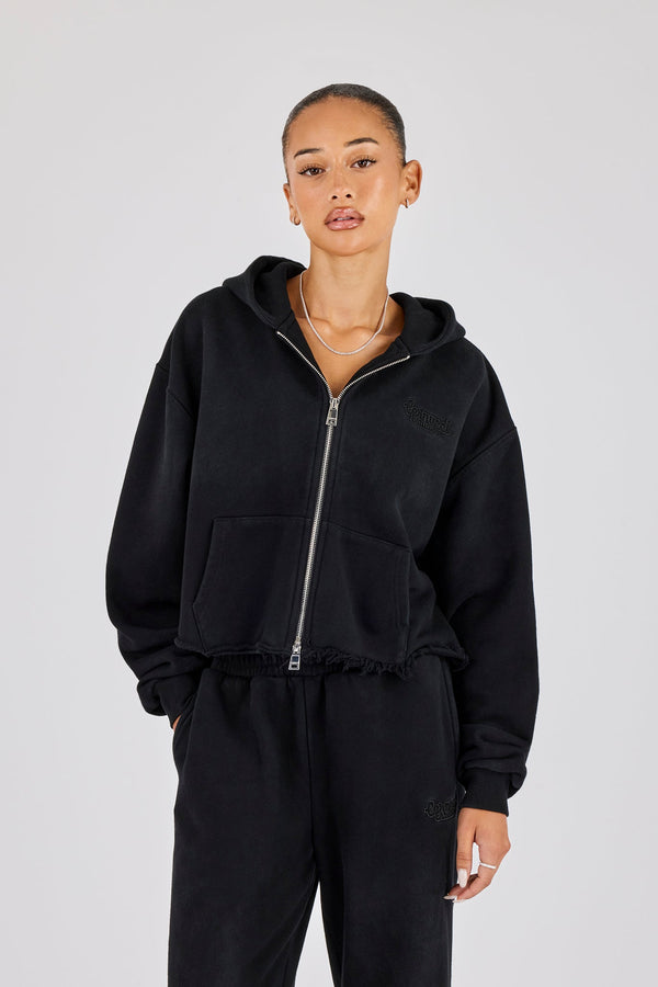 Womens Washed Boxy Fit Zip Through Hoodie - Black