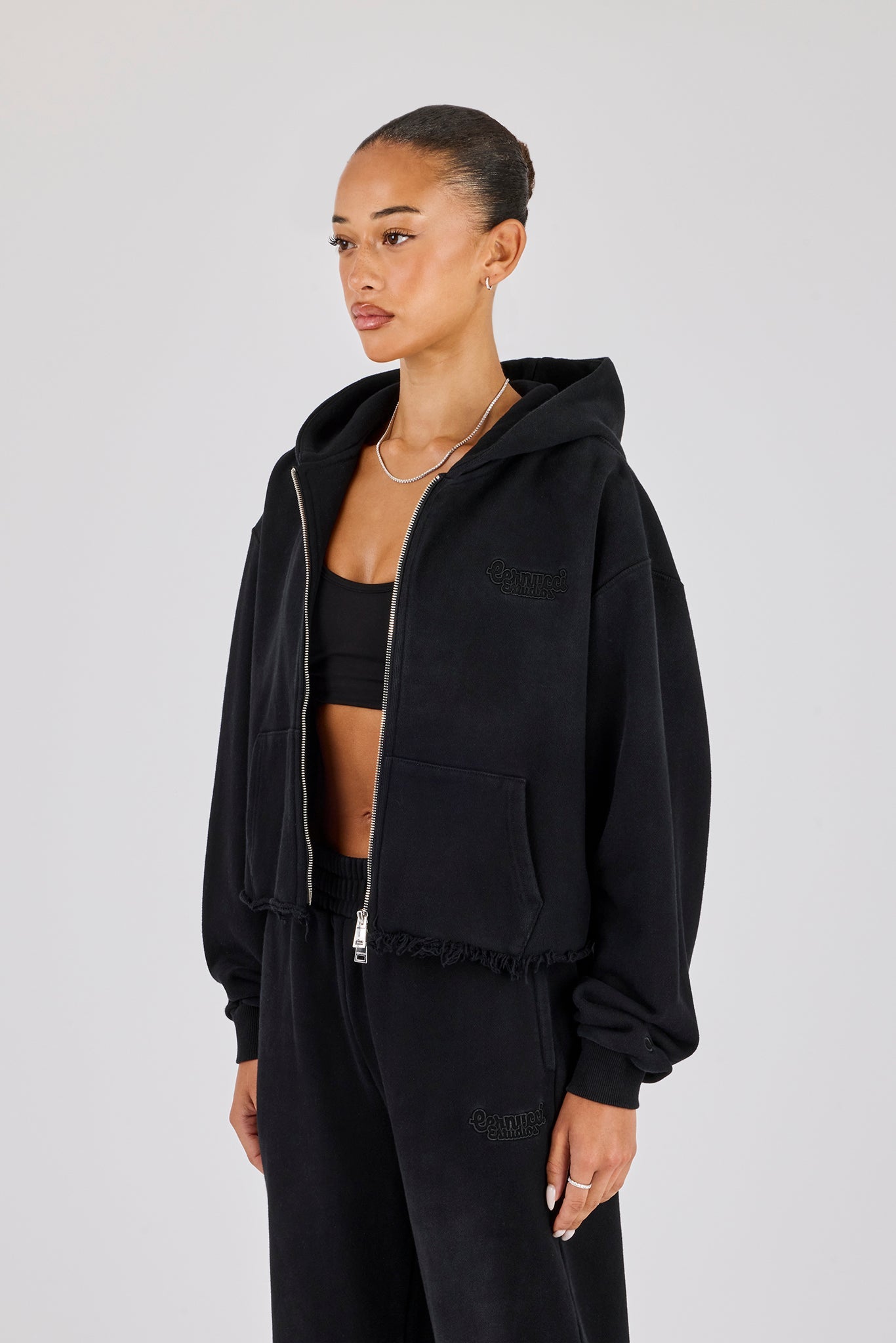 Womens Washed Boxy Fit Zip Through Hoodie - Black