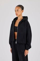 Womens Washed Boxy Fit Zip Through Hoodie - Black