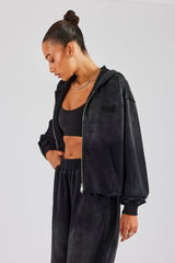 Washed Boxy Fit Zip Through Hoodie - Black