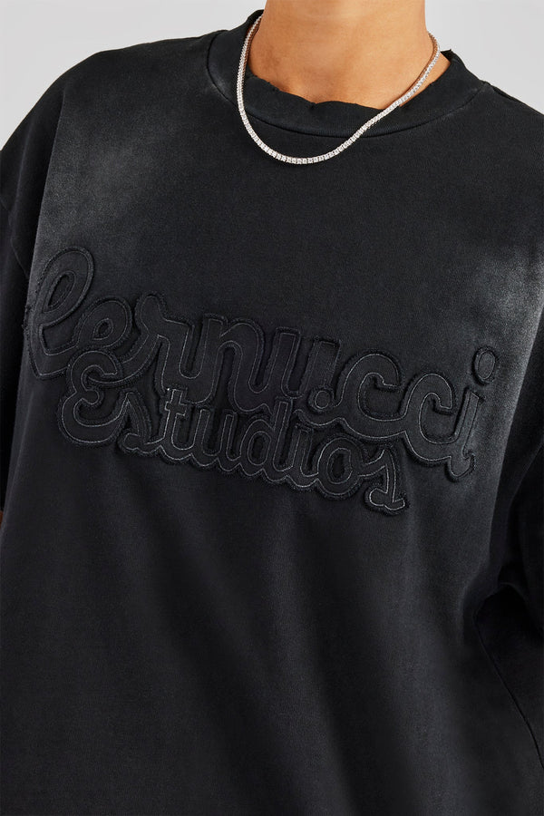 Washed Embroidered Body T-Shirt - Black