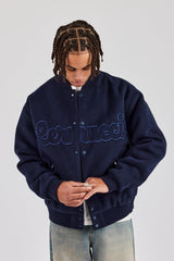 Melton Embroidered Bomber Jacket - Navy Blue