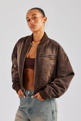 Washed Denim Bomber Jacket - Brown