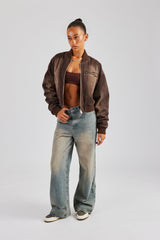 Washed Denim Bomber Jacket - Brown