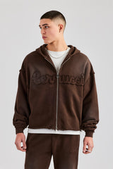 Washed Applique Zip Through Hoodie - Chocolate