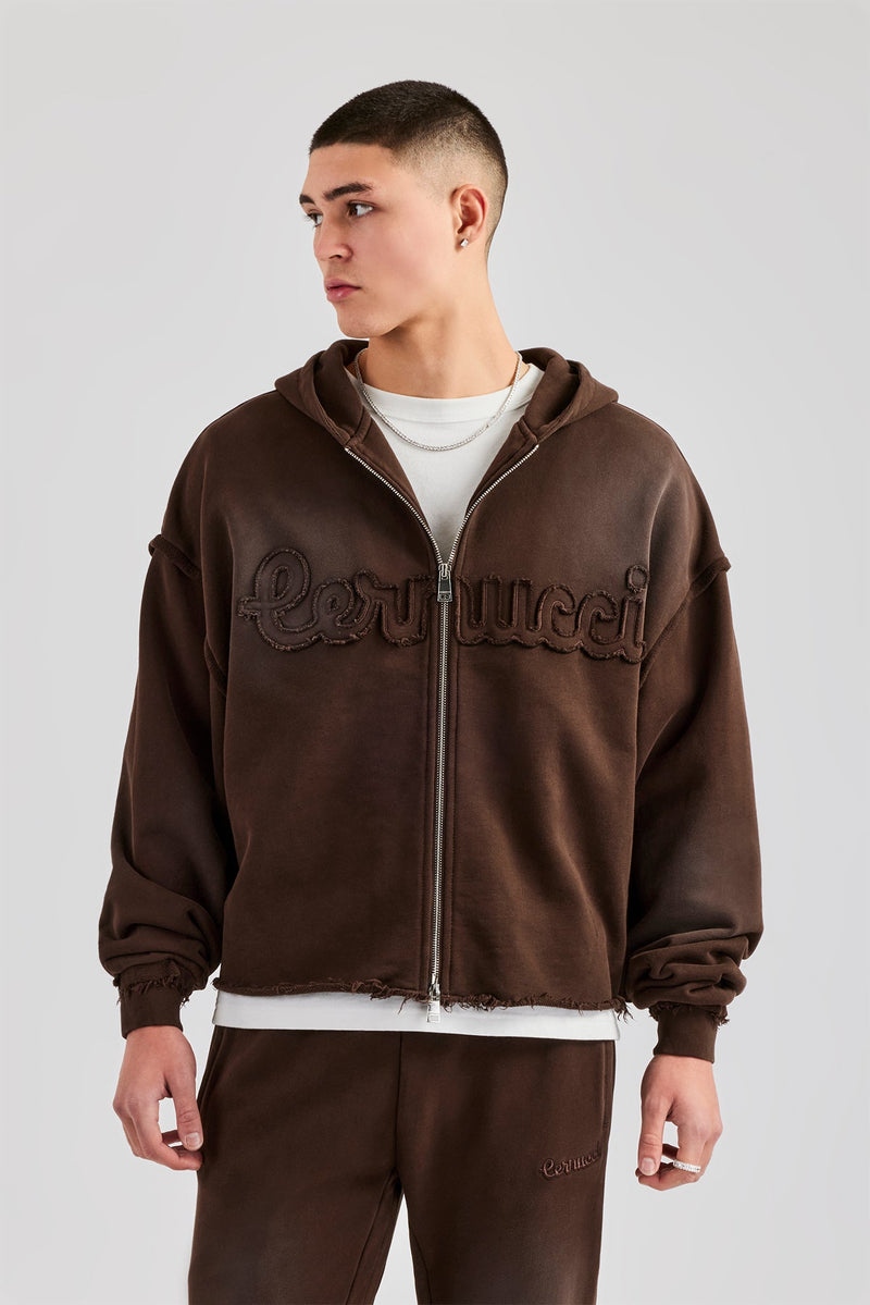 Washed Applique Zip Through Hoodie - Chocolate