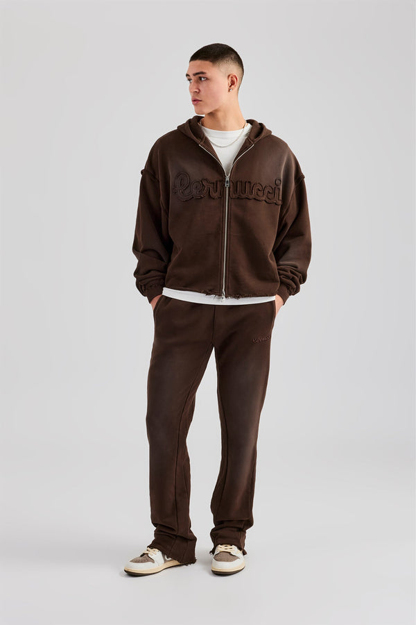 Washed Applique Zip Through Tracksuit - Chocolate