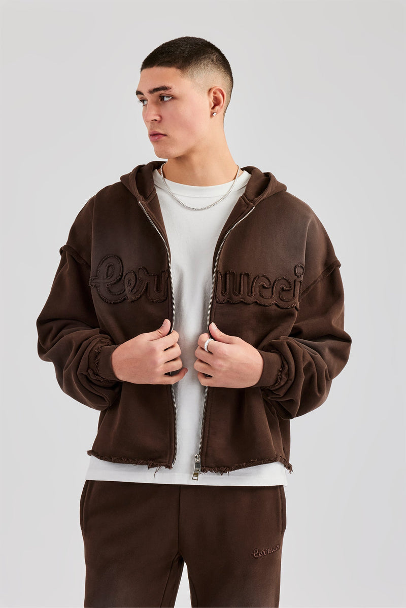 Washed Applique Zip Through Hoodie - Chocolate