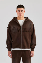 Washed Applique Zip Through Hoodie - Chocolate