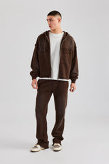 Washed Applique Zip Through Hoodie - Chocolate