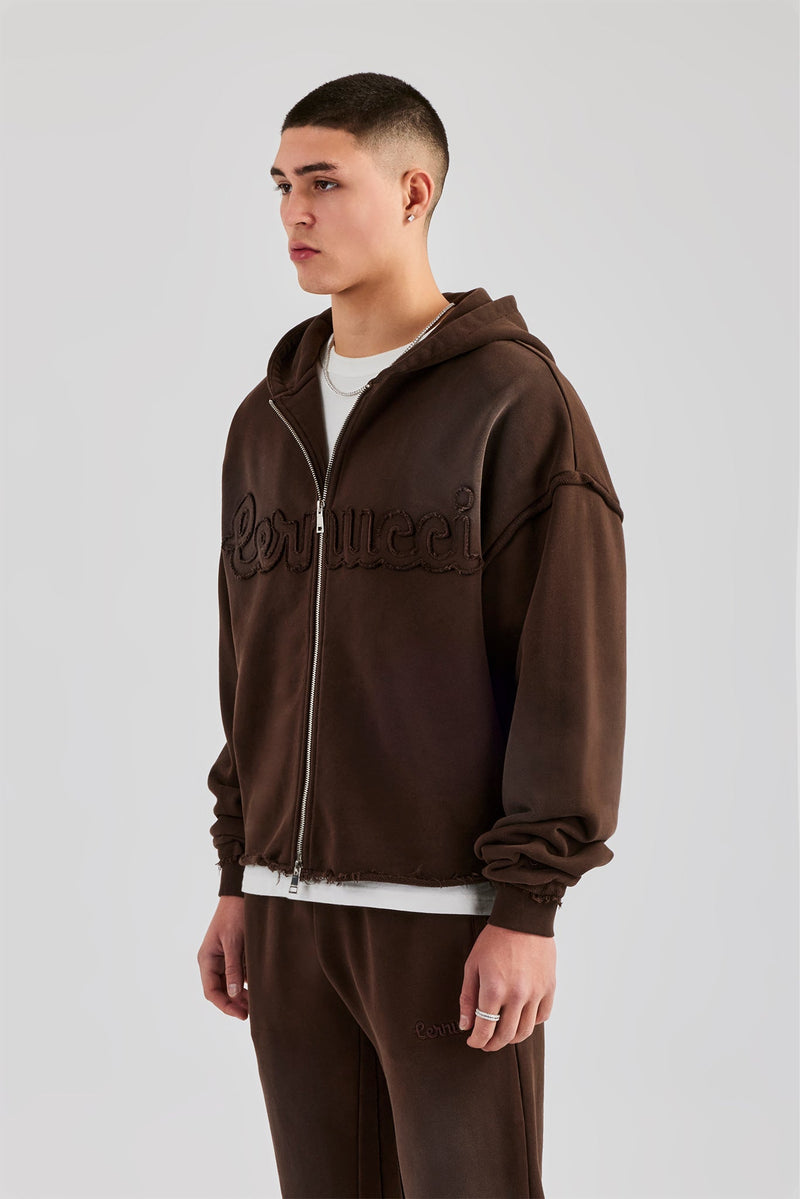 Washed Applique Zip Through Hoodie - Chocolate