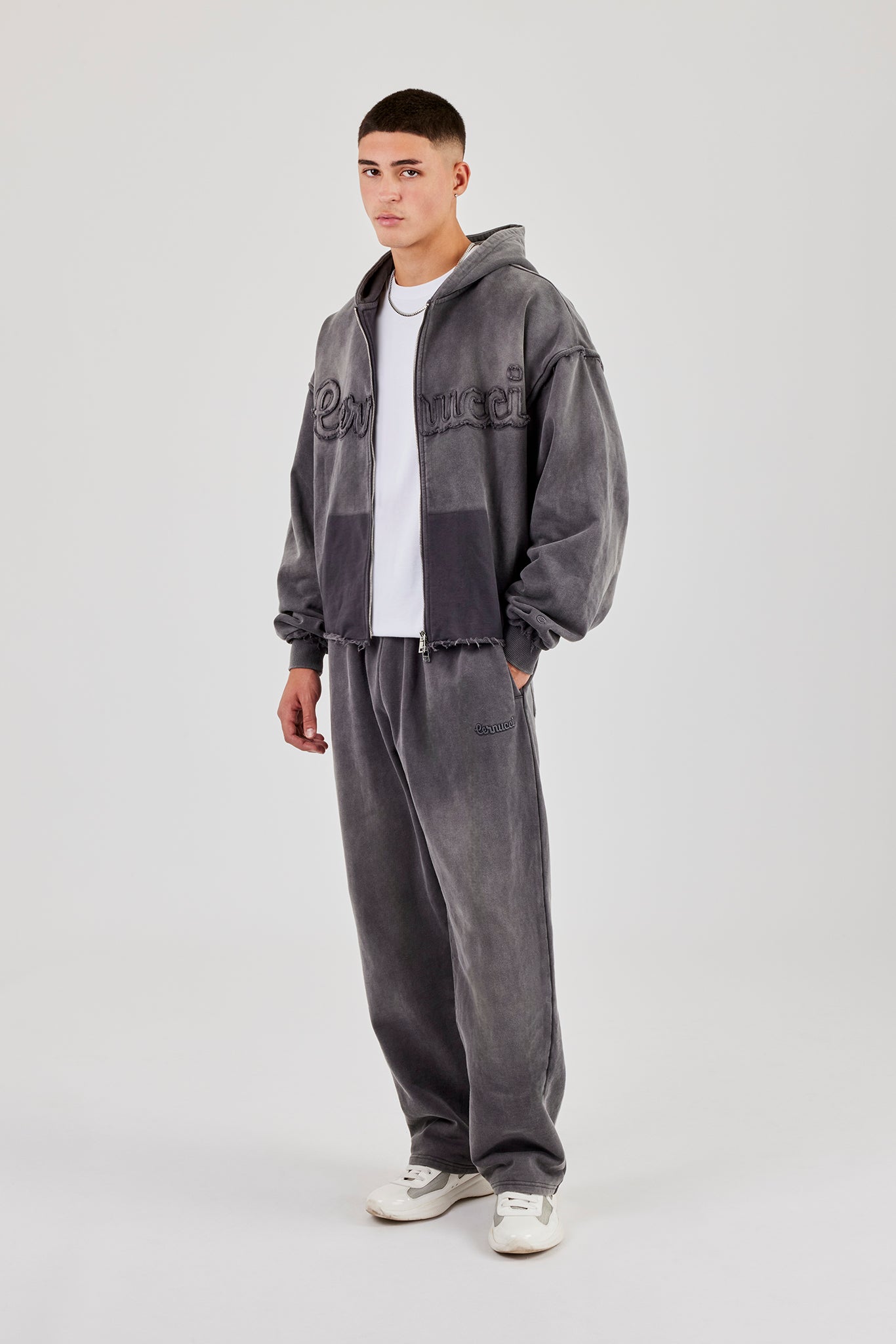 Washed Applique Zip Through Hoodie & Relaxed Jogger - Grey