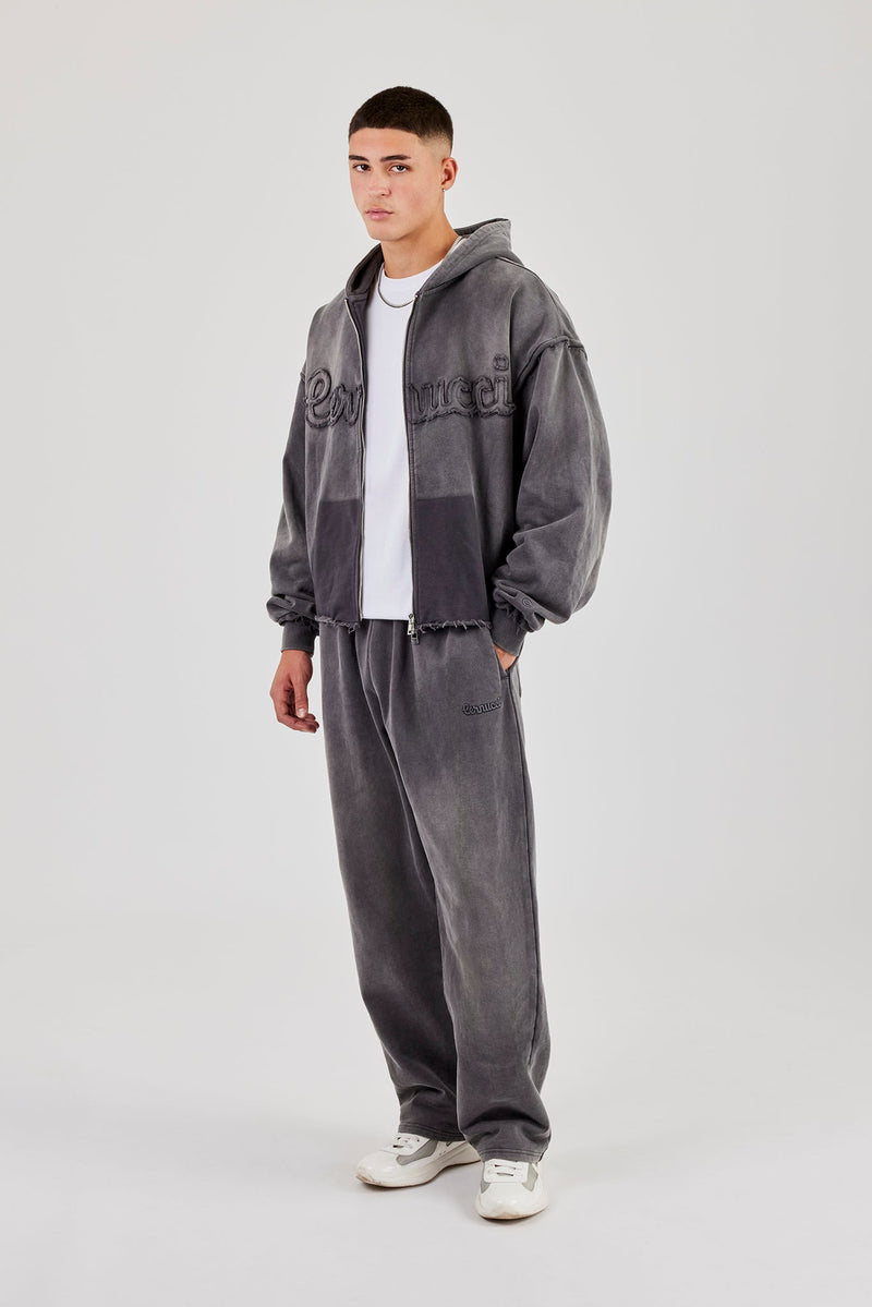 Washed Applique Zip Through Hoodie & Relaxed Jogger - Grey