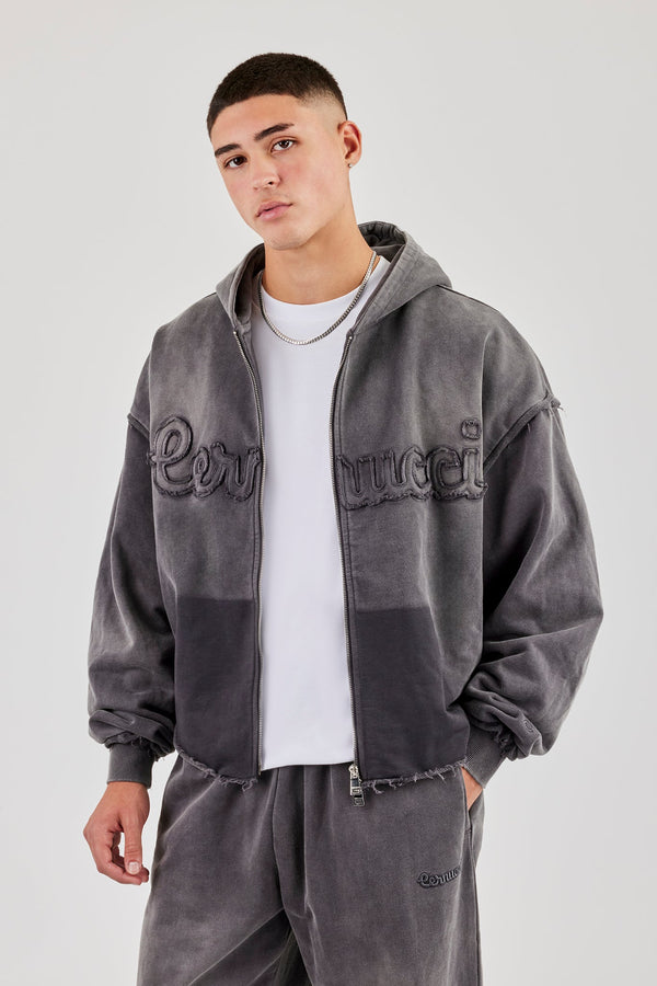 Washed Applique Zip Through Hoodie - Grey