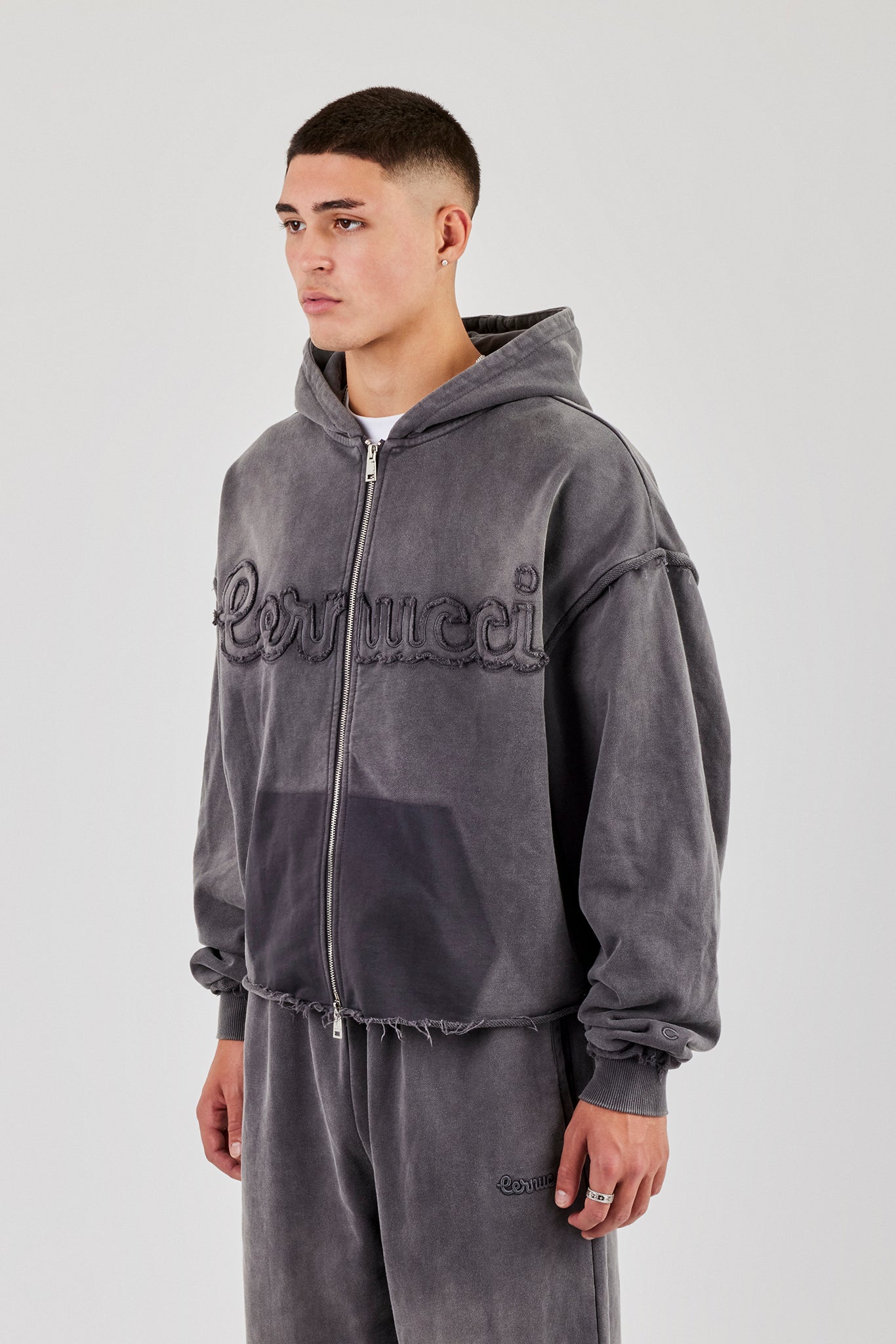 Washed Applique Zip Through Hoodie - Grey | Mens Hoodies & Sweats
