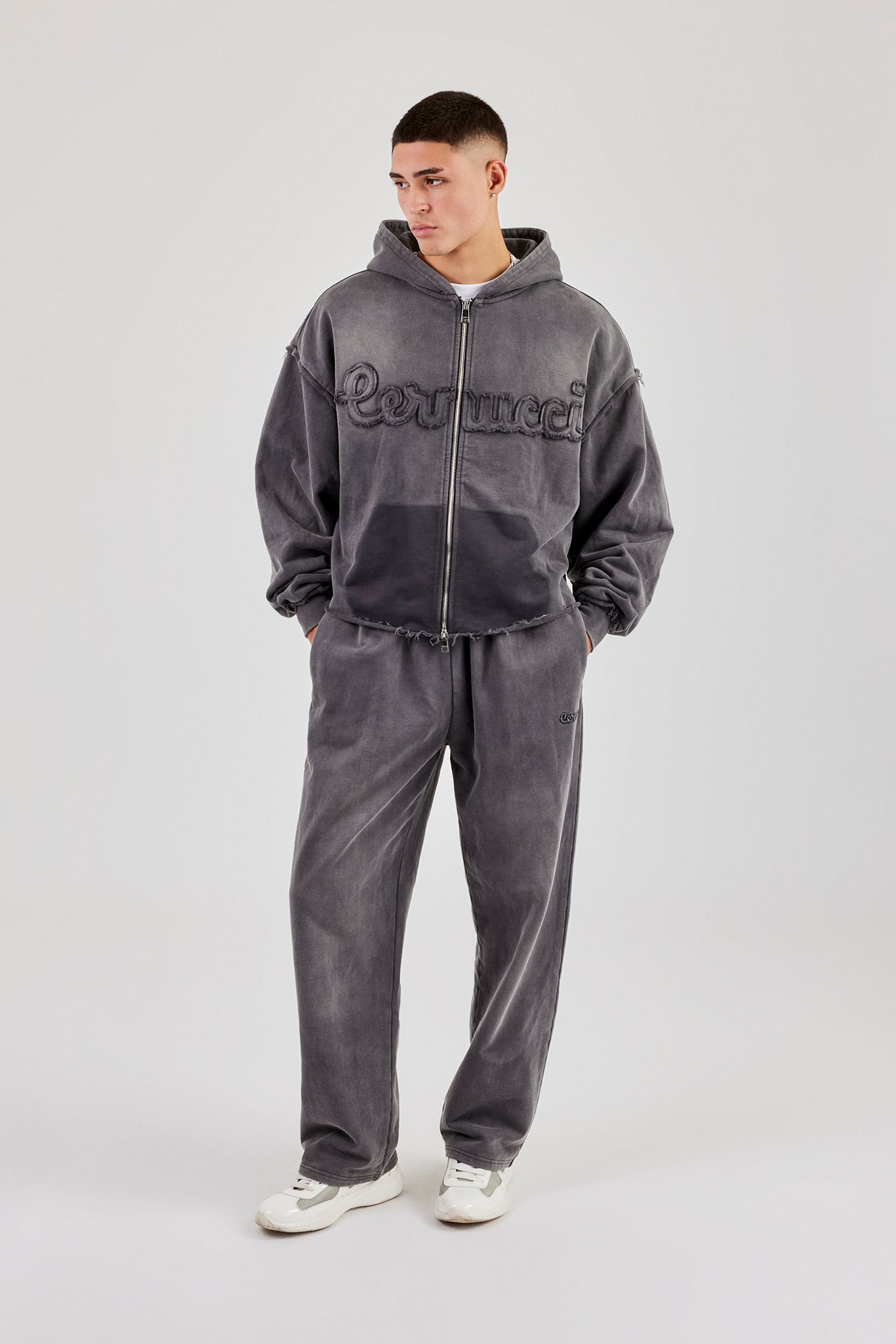 Washed Applique Zip Through Hoodie & Relaxed Jogger - Grey