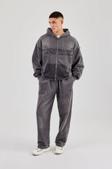 Washed Applique Zip Through Hoodie & Relaxed Jogger - Grey