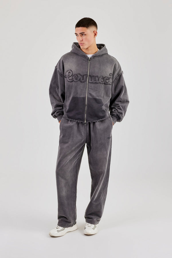 Washed Applique Zip Through Hoodie & Relaxed Jogger - Grey